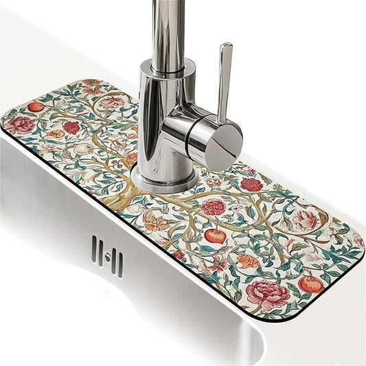 Kitchen Sink Splash Guard，Gorgeous flowers Faucet Mat Sink Gadgets-Super Absorbent Fast Drying Mat Drip Catcher for Kitchen, Bathroom,Sink Mat, Dish Drying Mat, Bathroom(15" X 5.5" )