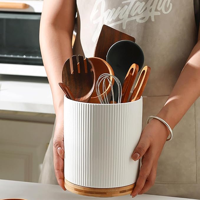 KSENDALO Large 360° Rotating Utensil Holder, Cream White 7.76" Premium Kitchen Crock for Cooking Utensils, Durable Countertop Storage for Home Kitchen