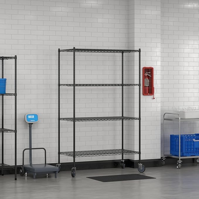 Commercial NSF Listed Black Epoxy Mobile Wire Shelving Kit 24" x 48" x 80", with 4 Shelves Perfect for Warehouse, Walk-in Refrigerator, Freezer, Grocery Store, Restaurant, Dishroom