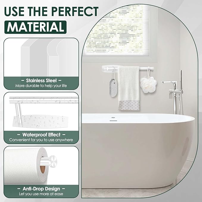 White Paper Towel Roll Rack - Under Cabinet Stainless Steel Towel Holder - Self Adhesive or Drilled Mount - 200 lbs Max Weight