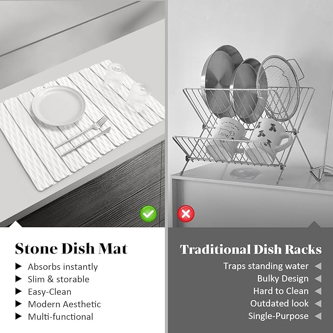 Stone Dish Drying Mats for Kitchen Counter, 24"(L)×16"(W), Fast Drying Collapsible Dish Drying Mat, Eco-Friendly Absorbent Diatomaceous Earth Mats for Match Any Countertop, Wave - Pattern