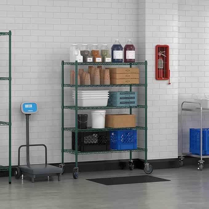Commercial NSF Listed Green Epoxy Mobile Wire Shelving Kit 18" x 42" x 60", with 5 Shelves Perfect for Warehouse, Walk-in Refrigerator, Freezer, Grocery Store, Restaurant, Dishroom