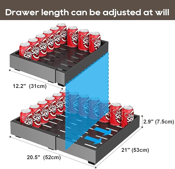 Expandable Pull Out Cabinet Organizer 21" Deep, 3 Rails Slide Out Drawer for Kitchen Cabinet, Adjustable No Drill Roll Out Shelf Adhesive with Nano Film 12.2"-20.5" W Black 1 Pack