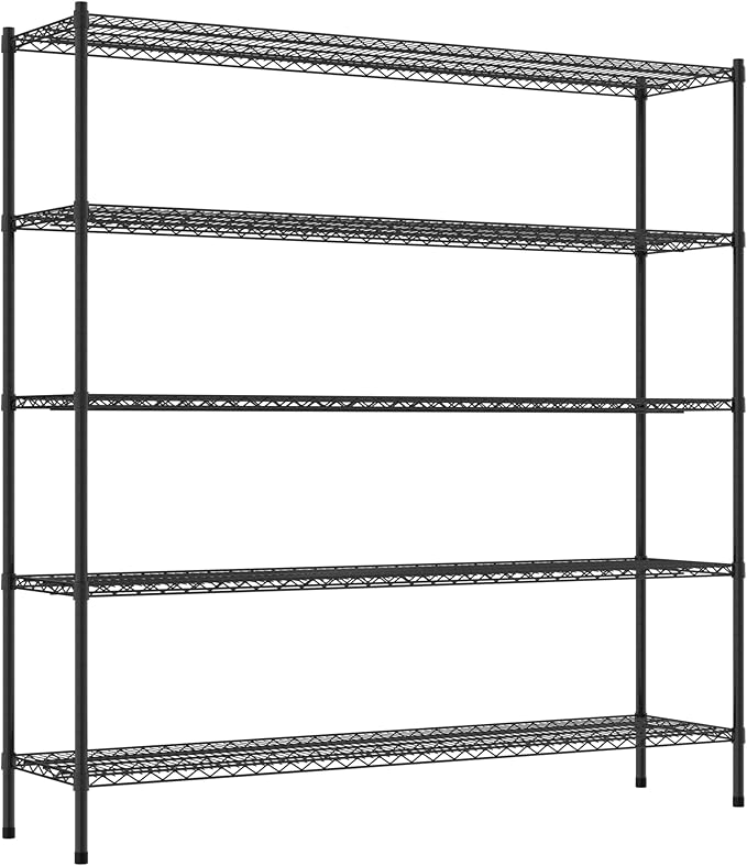 Commercial NSF Listed Black Epoxy Stationary Wire Shelving Kit 18" x 72" x 74", with 5 Shelves Perfect for Warehouse, Walk-in Refrigerator, Freezer, Grocery Store, Restaurant, Dishroom
