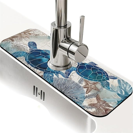 Kitchen Sink Splash Guard，blue turtles,ocean Faucet Mat Sink Gadgets-Super Absorbent Fast Drying Mat Drip Catcher for Kitchen, Bathroom,Sink Mat, Dish Drying Mat, Bathroom(15" X 5.5" )