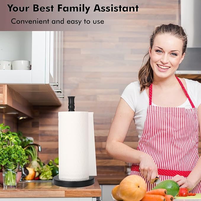 Black Paper Towel Holder Stand Countertop with Heavy Weighted Stainless Steel Base, Free Standing Paper Towel Holder (Black Matte)