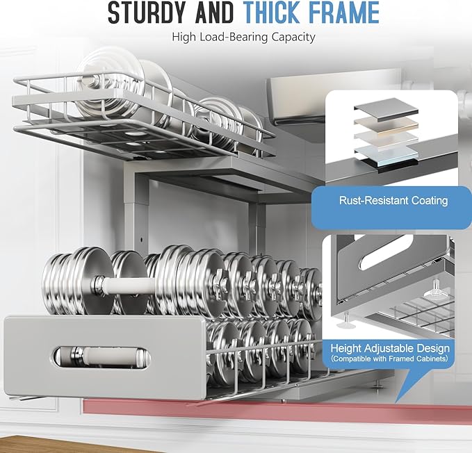 1 Pack 18 IN Depth Under Sink Organizer with Smooth Ball Bearing Slides,2-Tier Pull Out Cabinet Storage,Slide Out Drawers for Bathroom&Kitchen,Rust-resistant Coating,Height Adjustable-Gun Gray