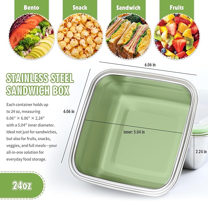 5 Pack Sandwich Containers, 24oz Stainless Steel Sandwich Box with Airtight Lids, Reusable Metal Meal Prep Lunch Boxes, BPA-Free, Dishwasher Safe, Food Storage Containers for Families (Black)