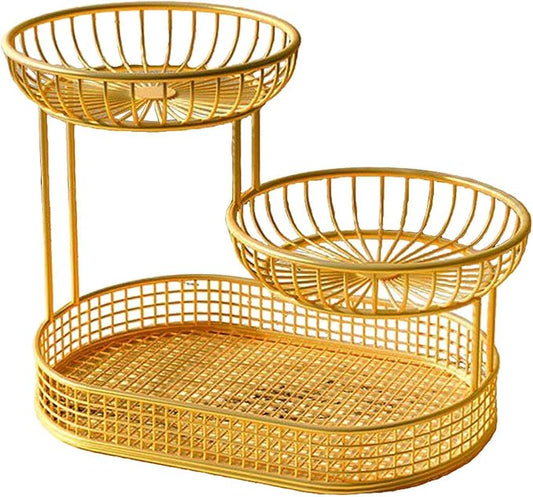 3 Layer Fruit Basket Fruit Holder Space Saver Serving Stand Metal Wire Storage Basket Bread Basket Vegetable Rack for Holdiay, gold