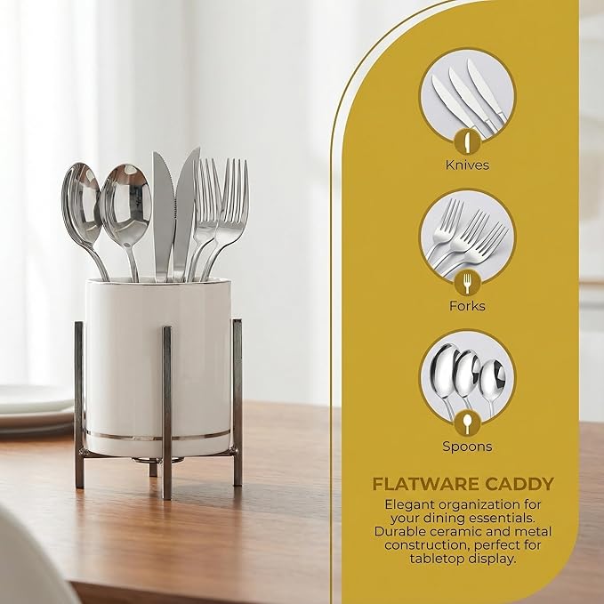 Cooking Utensil Holder, 2 Pcs Ceramic Flatware Caddy with Gold Metal Bracket, Chic & Modern Kitchen Utensil Holder for Countertop, Rustic Cooking Utensil Crock for Farmhouse Kitchen Décor