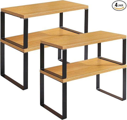 YMYNY Cabinet Shelf Organizer, Spice Racks Set of 4, Kitchen Counter Shelves, Stackable, Wood, Cupboard Organizer for Dishes, Seasoning, Cosmetics, Cans, Coffee Mugs, Natural, UHSR002N-2