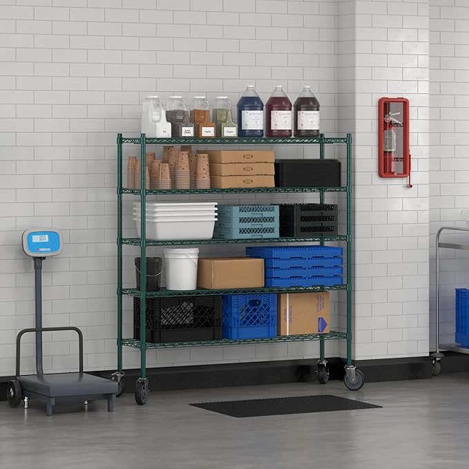Commercial NSF Listed Green Epoxy Mobile Wire Shelving Kit 14" x 54" x 60", with 5 Shelves Perfect for Warehouse, Walk-in Refrigerator, Freezer, Grocery Store, Restaurant, Dishroom