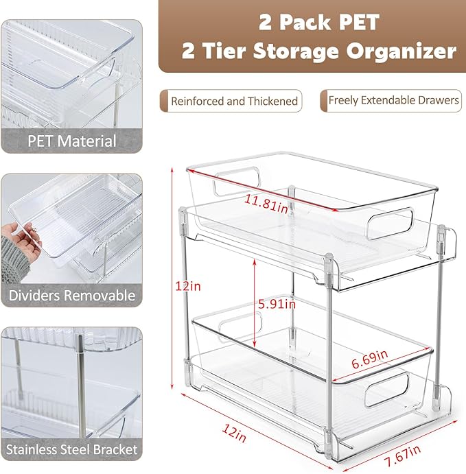 Under Sink Organizer 2-Tier Under Cabinet Organizer, Clear Under Sink and Pull-Out Cabinet Organizer for Kitchen and Pantry Storage