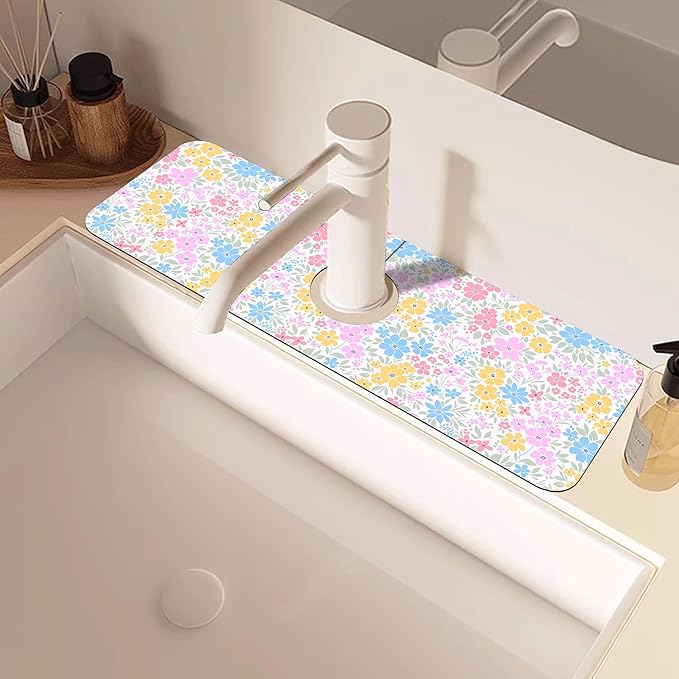 Retro Floral Cute Wildflowers Dish Drying Mat for Kitchen Sink Splash Guard Behind Faucet Sink Mat Absorbent Fast Drying Faucet Draining Mat for Bathroom Kitchen 5.5"×24"