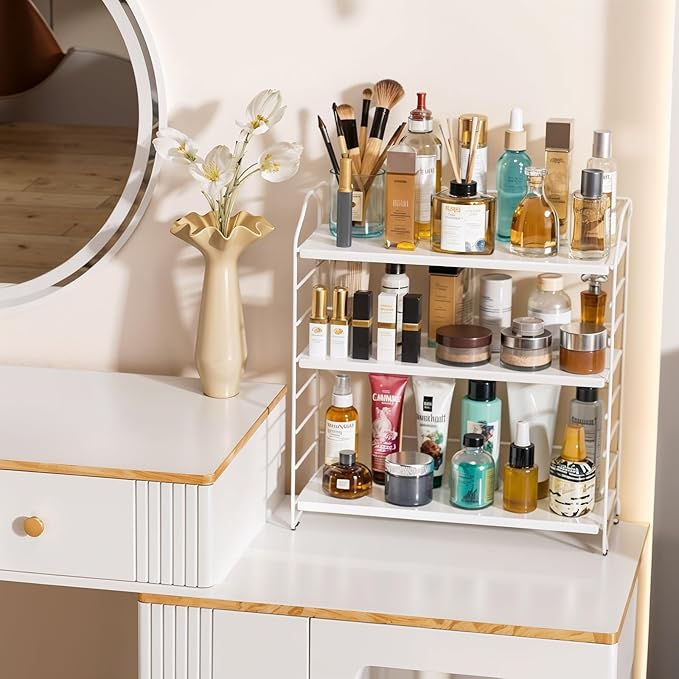 Bathroom Countertop Organizer, 3-Tier Bathroom Counter Organizer, 8-Levels Height Adjustable, Bathroom Organizer for Kitchen, Livingroom, Office Storage, Metal White