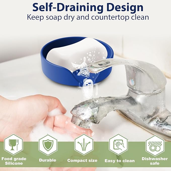 Self Draining Soap Dish, Silicone Soap Holder with Suction Cup and Drain Spout, Kitchen Bathroom Sink Organizer, Dish Soap Bar Tray Savers Sponge Holder, Perfect for Dispenser, Scrubber, Bottle, Cup