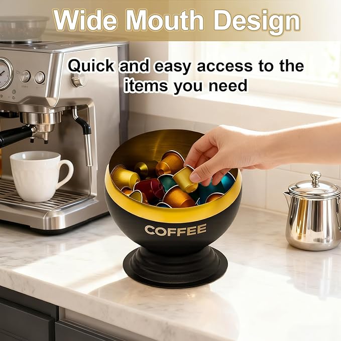 Coffee Pod Holder, Black & Gold Metal Coffee Pod Storage, Capsule Container Bowl, Coffee Pod Organizer for Kitchen Counter and Office Desktop (Black+Gold)