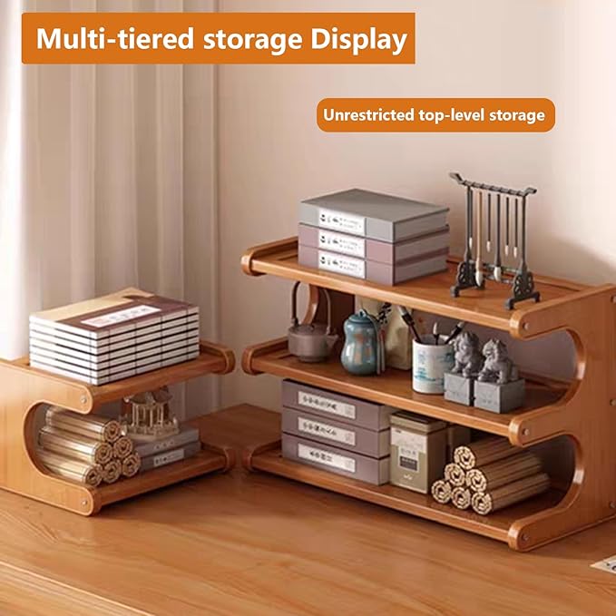 Kitchen Countertop Organizer Bamboo Wooden Counter Storage Shelf Rack, Multifunctional Freestanding Shelf Unit for Bathroom (MJ-2Brown-US)