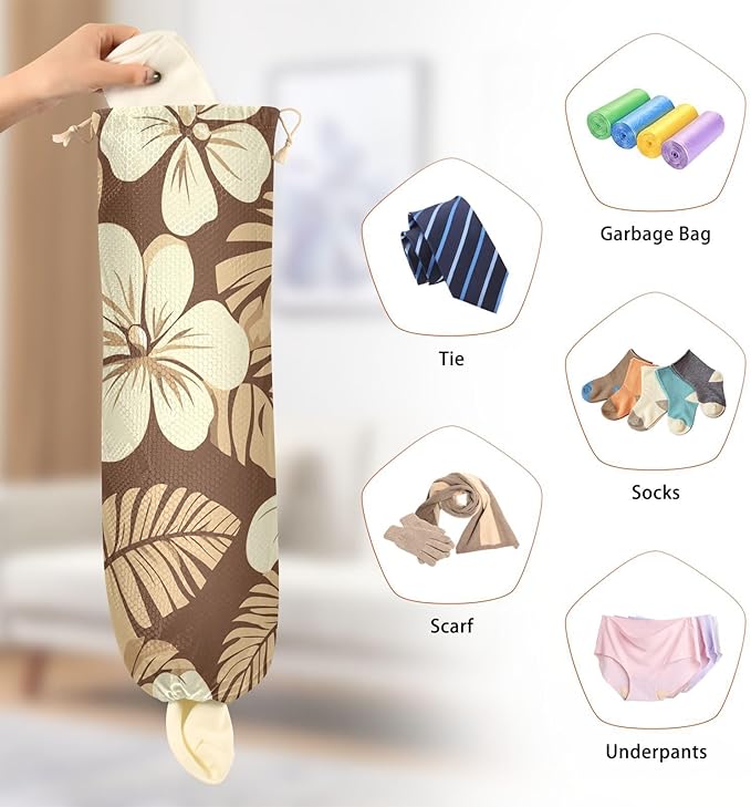 Plastic Bag Holder Wall Mount Grocery Bag Shopping Bag Storage Holder Organizer Dispenser with Adhesive Hook,for Kitchen Bathroom Home Decor 9x22 Inches Brown Floral Polynesia36