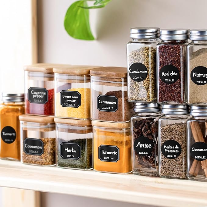 Segarty Spice Jars Labels, 272 Pcs Assorted Square Round Black Chalkboard Label Sticker with 1 Chalk Marker, Removable Blank Stickers to Write-on for Food Containers, Mason, Bottles, Storage Bin