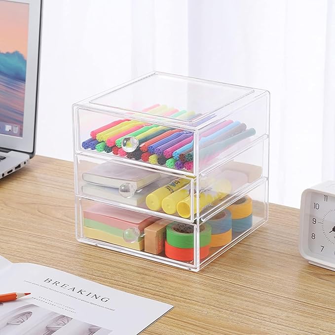Makeup Drawer Organizer Box with 3 Drawers, Acrylic Cosmetic Display Case Vanity Organizer Jewelry Storage Box Stackable Storage for Cosmetics, Skin Care, Bathroom, Countertop, Clear