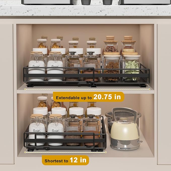 REALINN 2 Pack Pull Out Cabinet Organizer, Expandable(12"-20") Slide Out Drawers 3 Slide Rails Fix with Adhesive or Screw, Roll Out Shelves for Kitchen Cabinet Organization, Black
