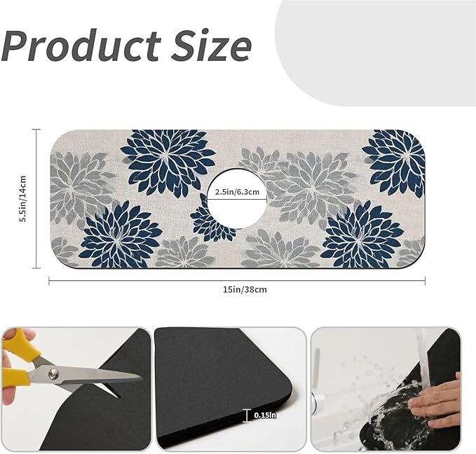 Kitchen Sink Splash Guard，Navy and gray floral Faucet Mat Sink Gadgets-Super Absorbent Fast Drying Mat Drip Catcher for Kitchen, Bathroom,Sink Mat, Dish Drying Mat, Bathroom(15" X 5.5" )