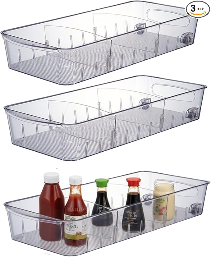 bangminda 3 Pcs Refrigerator Drawer Organizer ,Fridge Organizer Bins on Wheels, Roll Out Pantry Storage Bins with Handle Upgrade Thick Plastic Pantry Storage Bins for Kitchen Organization