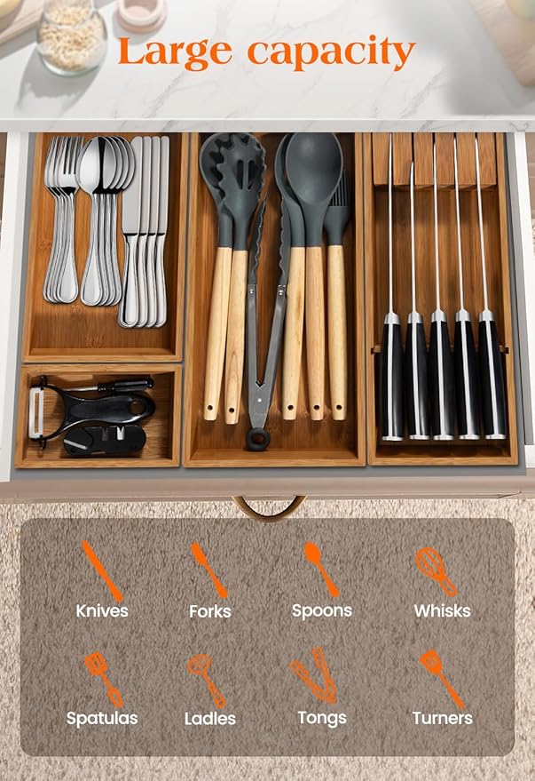 Carbonized Bamboo Kitchen Silverwar Drawer Organizer,14.2 inch Length Natural Utensil Flatware Organizers Tray Storage for Spoons Forks & Knives