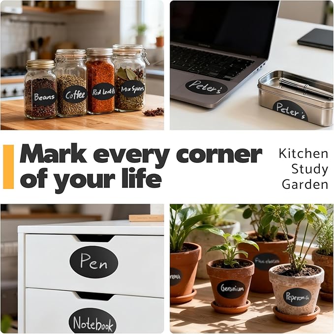 JIEHENG 180Pcs Chalkboard Labels for Jars, Waterproof Reusable Blackboard Stickers with 1 Liquid Chalk Markers, Organization Labels Removable (Black, Round)