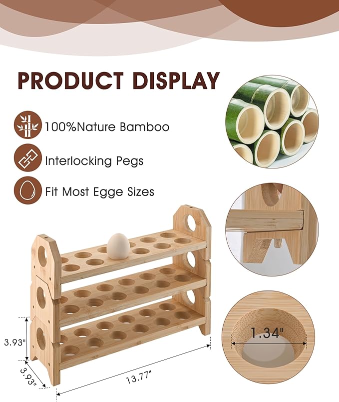 Bamboo Egg Holder Countertop with Silicone Egg Cleaner, 2-Tier Egg Holder for 24 Eggs, Stackable Design for Fresh Eggs, Farmhouse Egg Tray Storage Display Rack，Fits Quail, Duck, Chicken Eggs