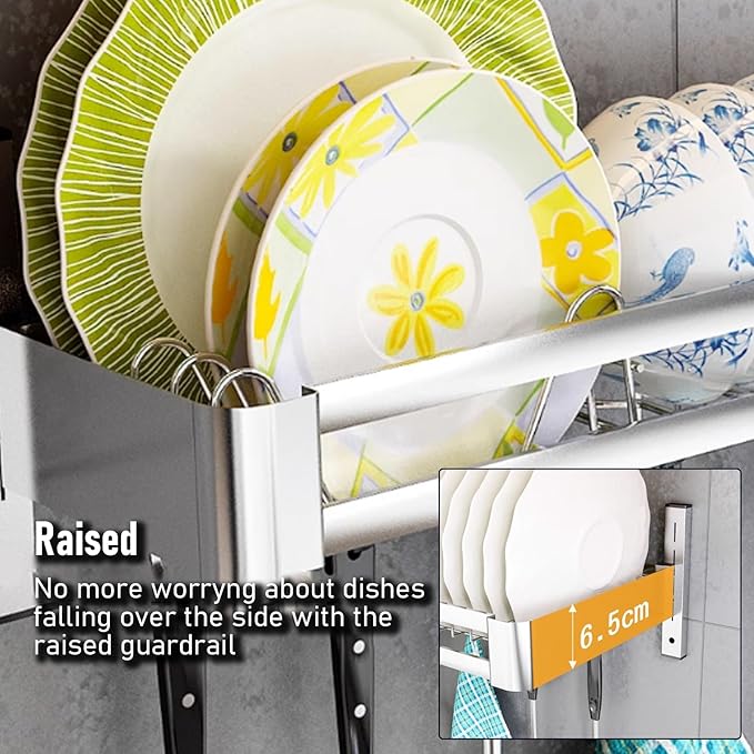 Wall Mounted Kitchen Dish Organizer Rack, 2 Tier Hanging Dish Drying Rack Over Sink, Adjustable Height Bowl Holder, Stainless Steel Storage Shelf for Kitchen Counter (80x30x50 cm / 31.5x11.8x19.7 in)