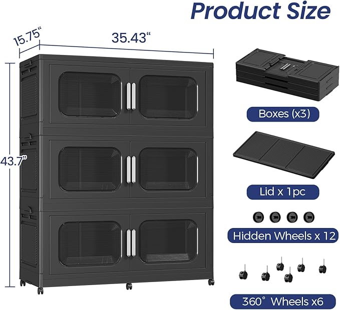 KuyiGame 150Gal Exra Large Stackable Storage Bins with Lid, 600QT Collapsible Storage Box with 6x Wheels, Folding Plastic Cabinet Container with Door Drawer for Home Kitchen Office Dorm, 3Pack Black