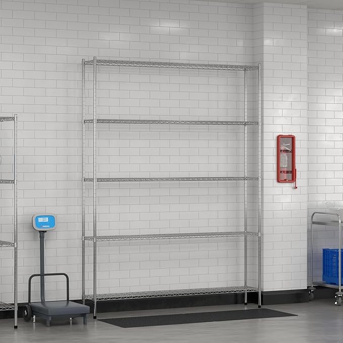 Commercial NSF Listed Chrome Stationary Wire Shelving Kit 12" x 72" x 96", with 5 Shelves Perfect for Warehouse, Walk-in Refrigerator, Freezer, Grocery Store, Restaurant, Dishroom