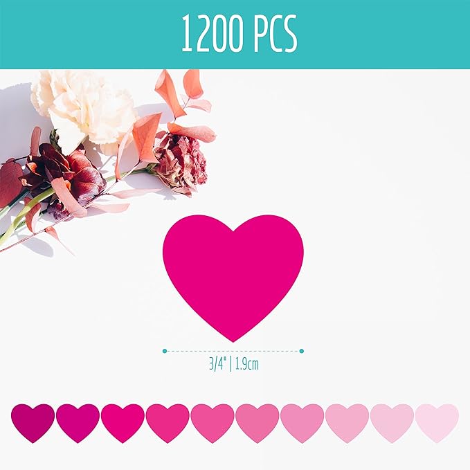 1200 PCS Pink Heart-Shaped Stickers, 10 Gradient Pink Designs Self-Adhesive Labels with Perforation Line in Roll, Use for Valentine's Day, Award Charts, Teachers & Classrooms, Bookmarks (3/4" Each)