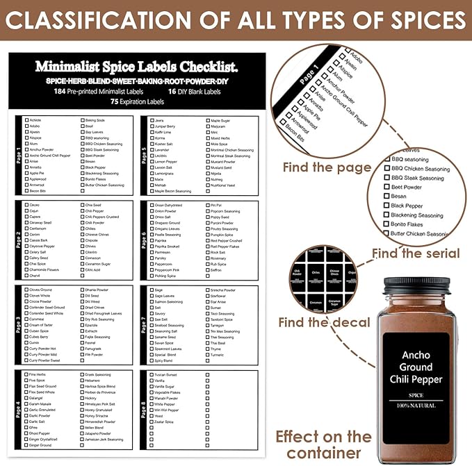 491 Pantry Labels for Containers, Preprinted Waterproof Stickers for Organizing Storage Bins, Spice Jar and Kitchen