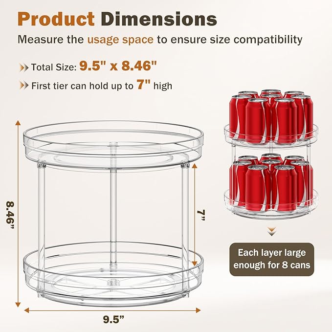 Optish 2 Set 2 Tier Lazy Susan Organizer for Cabinet, 9.5" Rotating Spice Rack Turntable Organizer for Pantry, Kitchen, Countertop, Bathroom, Vanity, Medicine Cabinet Organization
