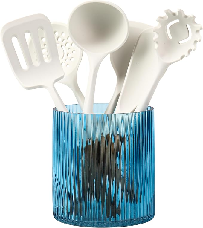 Blue Utensil Holder, 6.3" Glass Kitchen Utensil Holder for Countertop, Large Cooking Utensil Holders for Kitchen Counter, Utensil Crocks for Farmhouse Decor