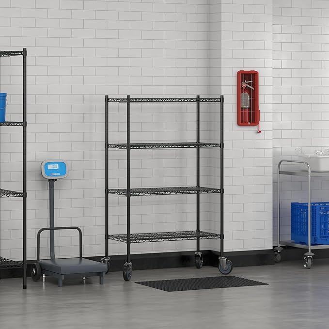 Commercial NSF Listed Black Epoxy Mobile Wire Shelving Kit 18" x 36" x 60", with 4 Shelves Perfect for Warehouse, Walk-in Refrigerator, Freezer, Grocery Store, Restaurant, Dishroom