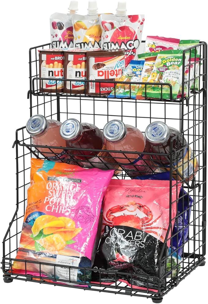 X-cosrack 3-Tier Snack Organizer Rack Bins with Adjustable Tilting Design for Pantry Storage,Metal Wire Snack Holder for Kitchen Bathroom Cabinets Countertops