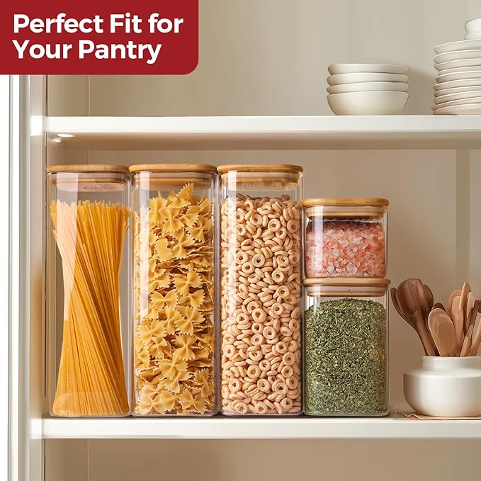 Rectangle Glass Storage Containers with Lids, Glass Jars with Bamboo Lids for Spaghetti, Pasta, Kitchen Pantry Storage Containers (2 pack 2.2qt)
