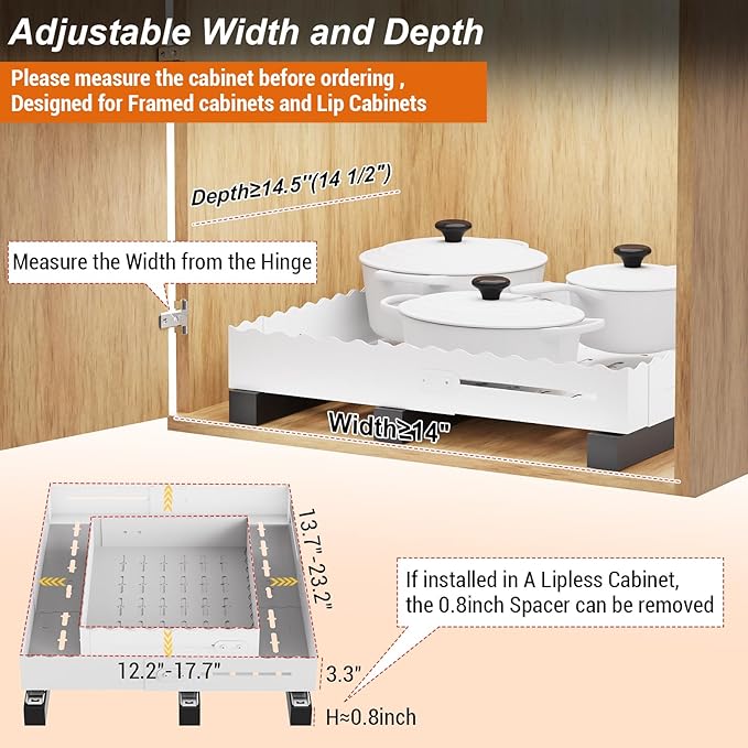Pull Out Cabinet Organizer, Expandable Width 12"-18" Depth 13"-23" with 3 Slide Rails, No Drill Adhesive Pull Out Drawers for Kitchen and Pantry Cabinets, for Both Lip and Lip-Free Cabinets, White