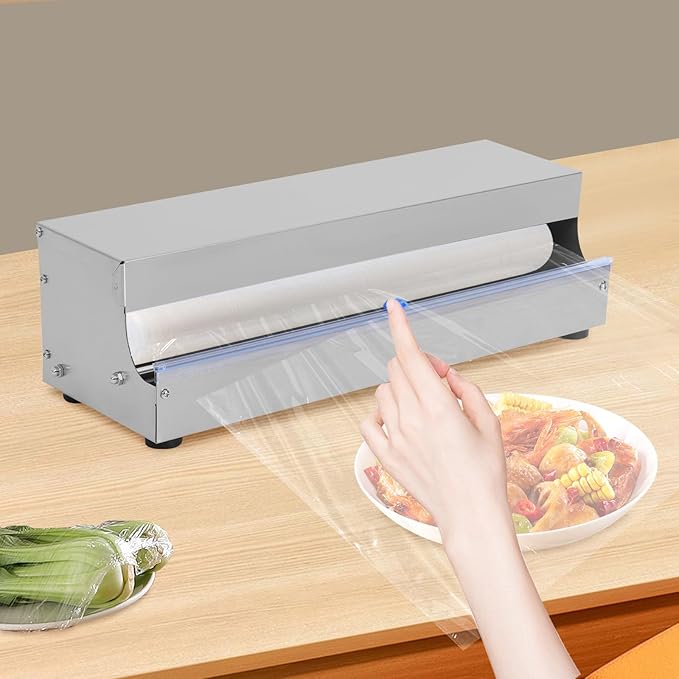 10''-18'' Cling Film Dispenser, Stainless Steel Food Wrap Sealer Packaging Machine Wrapper Cutter With 2 Replacement Blades & 4 Non-slip Feet for Fruit Vegetable & Meat Preservation