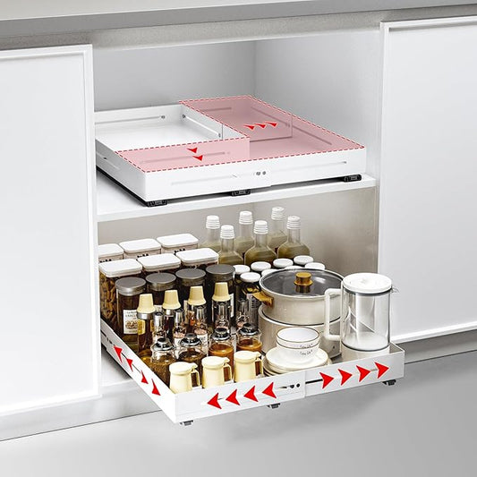 Pull-out Cabinet Organizer,Adjustable Depth(15.7"-24.4") And Width(12.8"-20.5"),3 Silent slides and 2 Support Pulleys,Easy to Assemble and Heavy-Duty Storing slide-out drawer,White