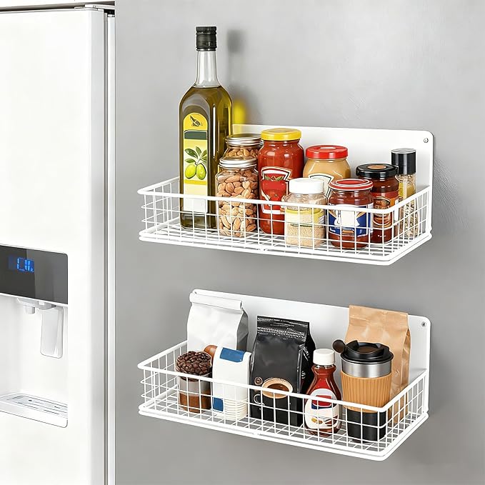 ONESIXEC 2 Pack Magnetic Basket for Fridge, Magnetic Spice Rack for Side of Refrigerator, Small Magnet Wire Bin Basket Fridge Shelf Organizer Kitchen Classroom Whiteboard Pantry Office Storage, White