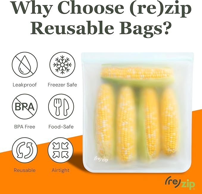 (re) zip Gallon Reusable Storage Bags, BPA-Free, Leakproof, Food-Grade 100% Food-Safe PEVA, for Food Storage and Freezer Use, Holds 16 cups | 128 fl oz, 4-Pack (Clear)