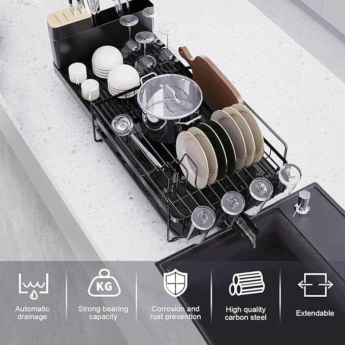 Runnatal Large Dish Drying Rack with Drainboard Set, Dish Rack, Extendable Dish Rack, Utensil Holder, Cup Holder, Expandable Dish Drainer for Kitchen Counter, 20.5"-27.6" L x 12.6" W
