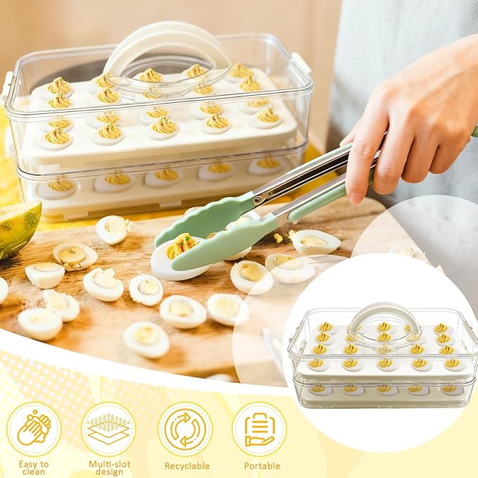 Lignumix Egg Holder for Fridge,Deviled Egg Containers with Lid & Handle (2 Layer Snap-on) PET Thickened Eggs Organizer Inc Egg Slicer,Kitchen Tongs,Silicone Spatula,Piping Decorating Kit