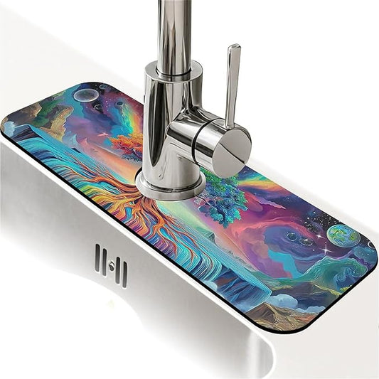 Kitchen Sink Splash Guard，Beautiful colorful trees Faucet Mat Sink Gadgets-Super Absorbent Fast Drying Mat Drip Catcher for Kitchen, Bathroom,Sink Mat, Dish Drying Mat, Bathroom(15" X 5.5" )