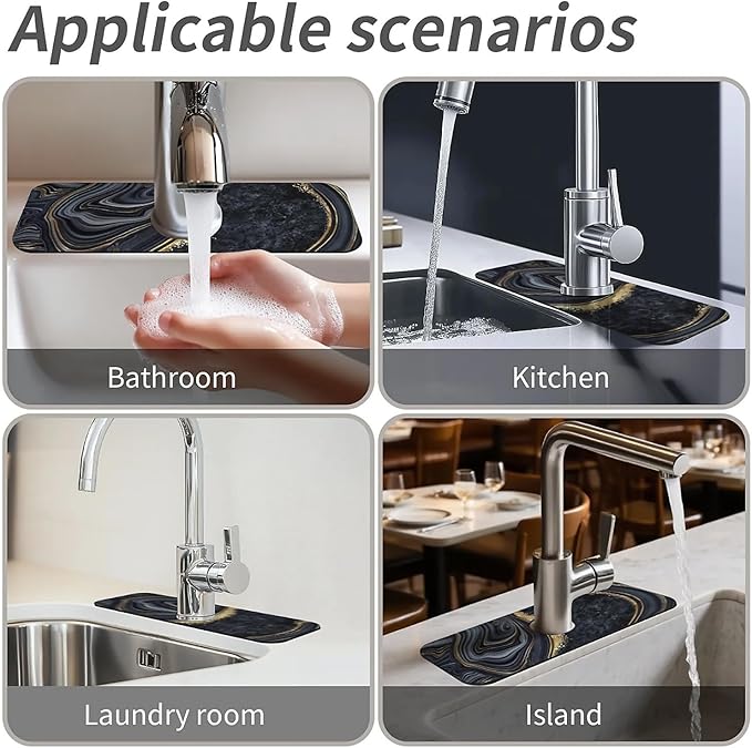 Kitchen Sink Splash Guard，Abstract black gold marble Faucet Mat Sink Gadgets-Super Absorbent Fast Drying Mat Drip Catcher for Kitchen, Bathroom,Sink Mat, Dish Drying Mat, Bathroom(15" X 5.5" )